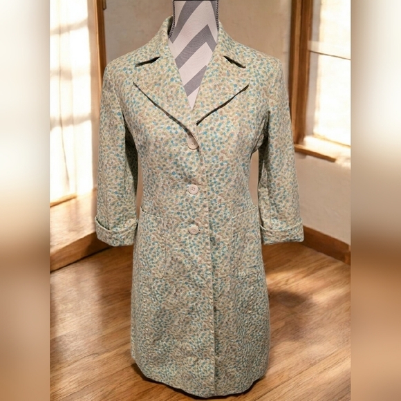 Express Jackets & Blazers - VINTAGE Express Floral Trench Lime Green/Blue Notched Collar 3/4 Sleeve Pockets.